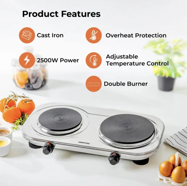 GEEPAS STAINLESS ELECTRIC DOUBLE HOT PLATE HOB - Image 2