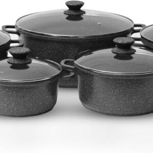 5Pcs Die-Cast Aluminium Stockpot Set with Glass Lids - Induction Safe (BLACK)