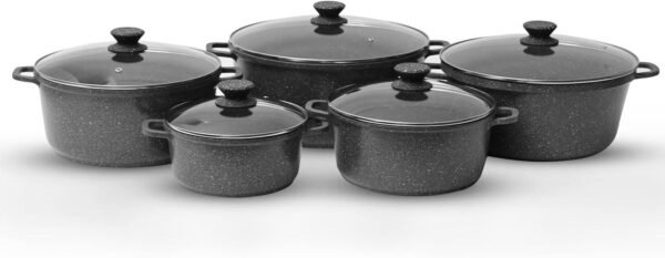 5Pcs Die-Cast Aluminium Stockpot Set with Glass Lids - Induction Safe (BLACK)