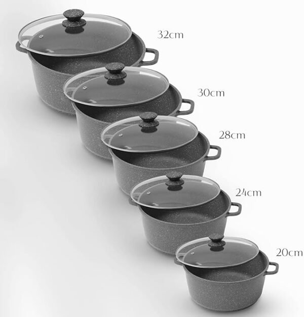 5Pcs Die-Cast Aluminium Stockpot Set with Glass Lids - Induction Safe (GRAY)