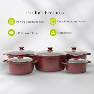 5Pcs Die-Cast Aluminium Stockpot Set with Glass Lids - Induction Safe (RED)