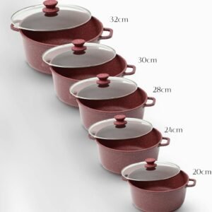 5Pcs Die-Cast Aluminium Stockpot Set with Glass Lids - Induction Safe (RED)