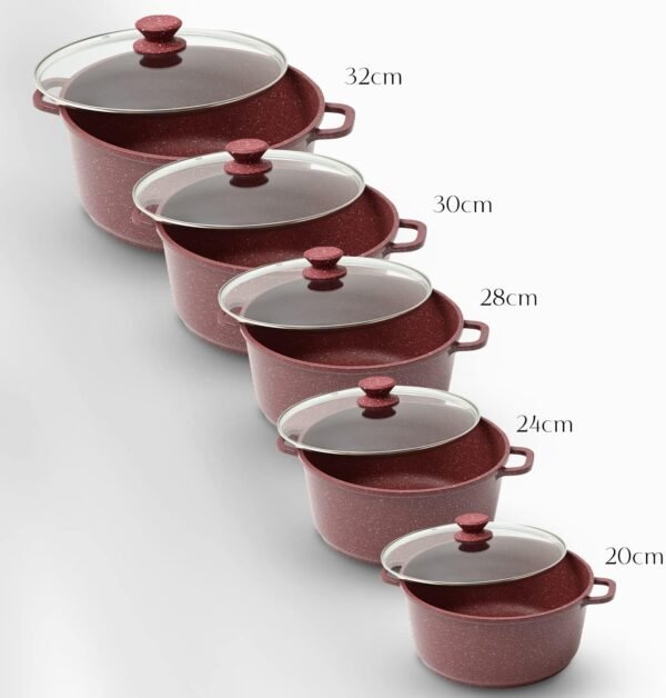 5Pcs Die-Cast Aluminium Stockpot Set with Glass Lids - Induction Safe (RED)